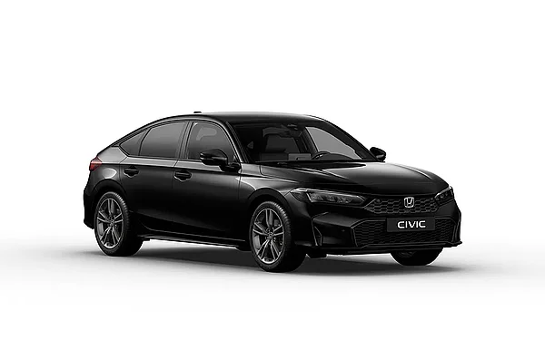 Honda Civic e:HEV Elegance in Meteoroid Grey, Seitenansicht schräg von vorn