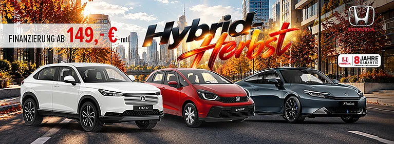 Honda Hybrid-Herbst bei HÄUSLER: Honda HR-V, Jazz und Prelude vor herbstlicher Stadtkulisse – Finanzierung ab 149 € monatlich, 8 Jahre Garantie